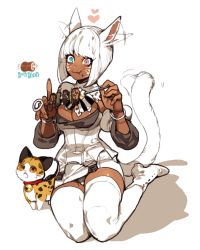Rule 34 | 10s, 1girl, animal ears, artist name, bell, blue eyes, blunt bangs, blush, bob cut, boned meat, boots, bracelet, breasts, cat, cat ears, chewing, cleavage cutout, clothing cutout, collar, dark-skinned female, dark skin, ear wiggle, eating, facial mark, final fantasy, final fantasy xiv, flapping ears, food, food on face, full body, heart, heterochromia, highres, jewelry, meat, medium breasts, miqo&#039;te, neck bell, panties, pantyshot, pigeon666, red eyes, shadow, short hair, sitting, skewer, skirt, solo, tail, tail wagging, thighhighs, underwear, white background, white hair, white thighhighs, yokozuwari