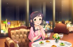 Rule 34 | 10s, 1girl, artist request, asymmetrical hair, black hair, croissant, cup, drinking glass, flower, food, green eyes, hair ornament, idolmaster, idolmaster cinderella girls, idolmaster cinderella girls starlight stage, indoors, jewelry, long hair, necklace, night, official art, plate, ring, solo, wine glass, yao fueifuei