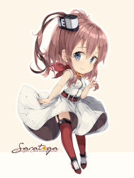 Rule 34 | 10s, 1girl, anchor, belt, breast pocket, brown hair, character name, chibi, dress, garter straps, grey eyes, hair between eyes, kantai collection, long hair, looking at viewer, malachite, neckerchief, pocket, ponytail, red neckerchief, red thighhighs, saratoga (kancolle), side ponytail, sidelocks, simple background, solo, thighhighs, waving, white background, white dress
