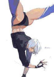 Rule 34 | 1girl, akame (chokydaum), angel (kof), arm support, balancing, blue eyes, boots, chaps, cowboy boots, cropped jacket, fingerless gloves, flexible, gloves, gymnastics, hair over one eye, handstand, highres, jacket, leather, leather jacket, one arm handstand, snk, solo, the king of fighters, the king of fighters 2001, the king of fighters xiv, the king of fighters xv, toned, underwear, upside-down, white background, white hair