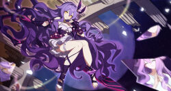 Rule 34 | 1girl, absurdres, artist request, bare shoulders, breasts, chinese commentary, dress, gloves, hair between eyes, hair ornament, highres, honkai (series), honkai impact 3rd, leg ribbon, long hair, looking at viewer, purple gloves, purple hair, ribbon, sirin, sirin (miracle magical girl), small breasts, smile, solo, symbol-shaped pupils, very long hair, wavy hair, yellow eyes