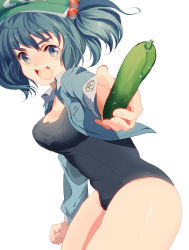Rule 34 | 1girl, bad id, bad pixiv id, blue eyes, blue hair, cucumber, eyebrows, hat, highres, jacket, kawashiro nitori, mihatarou, one-piece swimsuit, school swimsuit, short hair, swimsuit, touhou, twintails, two side up