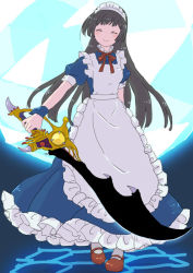 Rule 34 | 1girl, apron, black hair, breasts, dress, closed eyes, frills, long hair, maid, maid apron, maid headdress, marian, ribbon, shoes, smile, sword, tales of (series), tales of destiny, weapon