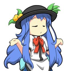 Rule 34 | 1girl, black headwear, blouse, blue hair, bow, bowtie, closed eyes, closed mouth, commentary, english commentary, food, fruit, hinanawi tenshi, leaf, long hair, peach, puffy short sleeves, puffy sleeves, rakkidei, red bow, red bowtie, shirt, short sleeves, shrugging, simple background, solo, touhou, upper body, white background, white shirt