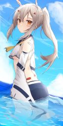 Rule 34 | 1girl, absurdres, ayanami (azur lane), azur lane, bandaid, bandaid on arm, bare shoulders, blonde hair, blue sailor collar, blue skirt, blush, breasts, closed mouth, commentary request, crop top, detached sleeves, from side, highres, in water, long sleeves, looking at viewer, midriff, noko32, pleated skirt, ponytail, sailor collar, shirt, sidelocks, skirt, solo, standing, underboob, wet, white shirt, wide sleeves, yellow eyes