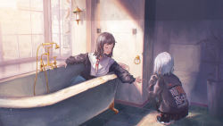 Rule 34 | 2girls, :d, absurdres, bathtub, black jacket, claw foot bathtub, day, closed eyes, facing another, highres, indoors, jacket, kyarage (soda), long sleeves, multiple girls, open mouth, original, plant, potted plant, red neckwear, scenery, silver hair, sitting, smile, squatting, toilet, window