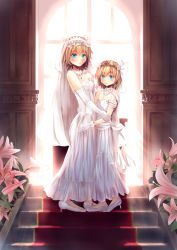 Rule 34 | 2girls, alice margatroid, alice margatroid (pc-98), alternate costume, backlighting, bad feet, blonde hair, blue eyes, blush, bridal veil, bride, choker, culter, dress, dual persona, elbow gloves, artistic error, flower, gloves, highres, hug, jewelry, lily (flower), looking at viewer, multiple girls, necklace, pendant, smile, stairs, strapless, strapless dress, tiara, time paradox, touhou, touhou (pc-98), veil, wedding dress, white gloves, window