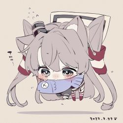 Rule 34 | 1girl, amatsukaze (kancolle), animal ears, beige background, black dress, blush, brown eyes, cat ears, chibi, dated, dress, fish, flying sweatdrops, full body, hair tubes, highres, irokiiro, kantai collection, long hair, long sleeves, mouth hold, red thighhighs, shadow, silver hair, simple background, solo, tears, thighhighs, two side up