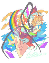 Rule 34 | 1girl, ascot, back, barefoot, blonde hair, bloomers, blush, bow, closed eyes, crystal, dated, flandre scarlet, full body, hat, hat ribbon, mob cap, morino hon, puffy sleeves, rainbow, ribbon, sharp teeth, shirt, short hair, short sleeves, signature, simple background, skirt, skirt set, smile, solo, tears, teeth, touhou, underwear, vest, white background, wings