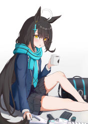Rule 34 | 1girl, animal ears, aqua necktie, aqua scarf, assault rifle, bag, black hair, black skirt, blazer, blue archive, commentary request, cosplay, cup, earrings, eyes visible through hair, gun, hair over one eye, highres, hojichabu, holding, holding cup, horse ears, horse girl, inverted cross earrings, jacket, jewelry, long bangs, long hair, long sleeves, looking at viewer, manhattan cafe (umamusume), multicolored hair, necktie, ogura yui, plaid, plaid skirt, rifle, scarf, school bag, school uniform, shiroko (blue archive), shiroko (blue archive) (cosplay), sig sauer 556, single earring, skirt, solo, strap, tail, two-tone hair, umamusume, very long hair, voice actor connection, weapon, white background, white hair, yellow eyes