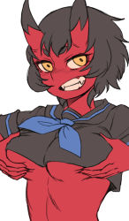 Rule 34 | 1girl, black sailor collar, black shirt, blue neckerchief, grabbing another&#039;s breast, breasts, breasts squeezed together, brown hair, closed mouth, colored skin, crop top, cropped shirt, fangs, grabbing, grabbing own breast, grin, horns, kidouko (zakusi), looking at viewer, neckerchief, oni, original, pointy ears, red oni, red skin, sailor collar, school uniform, serafuku, shirt, short hair, short sleeves, simple background, smile, solo, upper body, white background, yellow eyes, zakusi