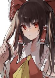 Rule 34 | 1girl, alternate hairstyle, ascot, bare shoulders, black hair, blush, bow, detached sleeves, hair between eyes, hair bow, hair tubes, hakurei reimu, japanese clothes, long hair, murumuru (pixiv51689952), nontraditional miko, open mouth, red bow, red eyes, ribbon-trimmed sleeves, ribbon trim, sidelocks, simple background, solo, touhou, twintails, upper body, white background, white sleeves, wide sleeves, yellow ascot