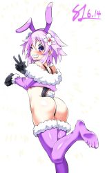 Rule 34 | 1girl, animal ears, artist request, ass, blush, fake animal ears, feet, flower, flower on head, from behind, grin, hair ornament, highres, looking at viewer, looking back, neptune (neptunia), neptune (series), one eye closed, purple eyes, purple hair, rabbit ears, simple background, smile, soles, solo, toes, v, white background