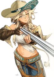 1girl absurdres aiming argus_(reverse:1999) bare_shoulders belt blonde_hair blue_pants braid brown_belt brown_choker brown_hat brown_sleeves chaps choker closed_mouth cowboy_hat cowboy_shot denim detached_sleeves grey_eyes gun hair_between_eyes hair_over_shoulder hat heterochromia highres holding holding_gun holding_weapon jeans long_hair looking_ahead midriff navel pants reverse:1999 rifle scar scar_across_eye single_braid solo tank_top two-handed weapon white_background white_tank_top yellow_eyes zuuichi