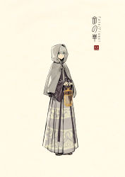 Rule 34 | 1girl, adapted costume, artist name, beige background, birdcage, blue eyes, cage, chinese clothes, cloak, closed mouth, concept art, copyright name, fate/grand order, fate (series), frown, full body, gray (fate), grey hair, hanfu, highres, holding, hood, hood up, hooded cloak, logo, long sleeves, looking at viewer, lord el-melloi ii case files, ribbon, robe, sash, shoes, simple background, solo, standing, unmoving pattern, wide sleeves, zerocastle