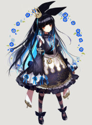 Rule 34 | 1girl, absurdres, black hair, black ribbon, blue hair, blue ribbon, blunt bangs, braid, center frills, clothing cutout, commentary request, crown, dress, flower, frilled dress, frilled sleeves, frills, full body, hair ribbon, highres, light frown, lolita fashion, long hair, looking at viewer, makeup, mary janes, mascara, multicolored hair, neck ribbon, original, pantyhose, pocket watch, ribbon, shoes, shoulder cutout, sleeves past wrists, sogawa66, solo, standing, striped clothes, striped legwear, striped pantyhose, two-tone hair, very long hair, watch, white ribbon, wide sleeves