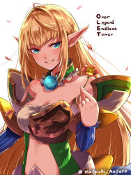 Rule 34 | 1girl, aqua eyes, armor, bare shoulders, blonde hair, blue eyes, breasts, center opening, character request, cleavage, copyright name, detached collar, detached sleeves, elf, flower, holding, holding flower, long hair, looking at viewer, mataichi mataro, ole tower, orb, petals, pointy ears, simple background, solo, twitter username, upper body, white background