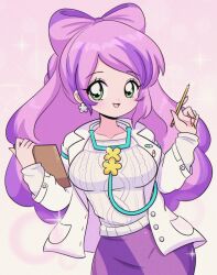 Rule 34 | 1990s (style), 1girl, absurdres, blush, breasts, chellyko, clipboard, collarbone, creatures (company), earrings, flower, flower earrings, game freak, green eyes, highres, holding, jacket, jewelry, lab coat, large breasts, long hair, long sleeves, looking at viewer, miriam (pokemon), multicolored hair, nintendo, nurse, open clothes, open jacket, open mouth, pencil, pill, pink background, pink hair, pokemon, pokemon sv, purple hair, purple skirt, retro artstyle, skirt, smile, sparkle, standing, stethoscope, sweater, two-tone hair, white jacket, white sweater, yellow nails
