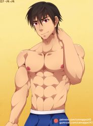 Rule 34 | 1boy, abs, aono tsukune, boxer briefs, boxers, brown hair, catnappe143, collarbone, hand on neck, highres, looking at viewer, male focus, male underwear, muscular, nipples, pectorals, red eyes, rosario+vampire, topless male, smile, underwear, unusual pupils