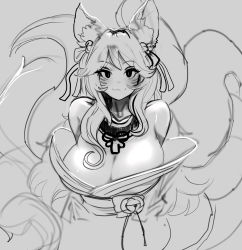 Rule 34 | 1girl, absurdres, ahri (league of legends), animal ear fluff, animal ears, bare shoulders, bell, blush, bow, breasts, closed mouth, ehrrr, fox ears, fox tail, greyscale, hair bell, hair bow, hair ornament, highres, large breasts, league of legends, long hair, looking at viewer, monochrome, multiple tails, smile, solo, spirit blossom ahri, tail, unfinished