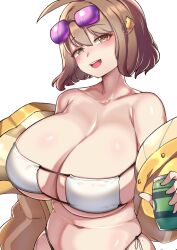 Rule 34 | 1girl, :d, anis (nikke), anis (sparkling summer) (nikke), bare shoulders, belly, bikini, breasts, brown eyes, brown hair, can, cleavage, collarbone, eyepatch bikini, eyewear on head, goddess of victory: nikke, hair ornament, highres, holding, holding can, huge breasts, jacket, navel, off shoulder, open mouth, smile, solo, stomach, sunglasses, swimsuit, tetsu chokoreto, upper body, white bikini, yellow jacket