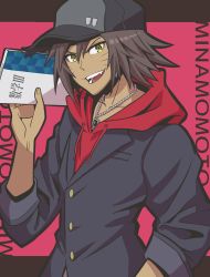Rule 34 | 1boy, baseball cap, black coat, book, buttons, character name, coat, collared jacket, dark-skinned male, dark skin, earrings, eyebrows, facial mark, fangs, grey hair, hat, highres, holding, holding book, hood, hoodie, jacket, jewelry, male focus, minamimoto shou, necklace, red background, red hoodie, solo, solo focus, spiked hair, subarashiki kono sekai, textbook, whisker markings