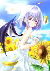 Rule 34 | 1girl, alternate costume, arms up, bare arms, bare shoulders, bat wings, blue hair, blue sky, blurry, blurry background, blush, breasts, cloud, commentary request, cowboy shot, day, depth of field, dress, field, flower, flower field, from side, hair between eyes, highres, light blue hair, light smile, looking at viewer, looking back, no headwear, outdoors, petals, red eyes, remilia scarlet, short hair, sky, small breasts, solo, standing, strapless, strapless dress, sumishi (sumisi 3), summer, sundress, sunflower, sunflower field, touhou, white dress, wind, wings