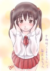Rule 34 | 10s, 1girl, artist name, blush, brown eyes, brown hair, character name, copyright name, covering own ears, dress shirt, ebina nana, gradient background, highres, himouto! umaru-chan, icedoll, long sleeves, looking at viewer, parted lips, pleated skirt, ribbon, shirt, short hair, sketch, skirt, solo, translation request, two side up