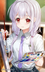 Rule 34 | 1girl, black skirt, blurry, blurry background, braid, breasts, closed mouth, collared shirt, commentary request, copyright request, depth of field, fujima takuya, grey hair, hair over shoulder, holding, holding paintbrush, indoors, long hair, looking away, low twintails, nail polish, necktie, novel illustration, official art, paintbrush, painting (action), pink nails, plaid, plaid skirt, pleated skirt, purple necktie, red eyes, school uniform, shirt, short sleeves, skirt, small breasts, solo, twin braids, twintails, very long hair, white shirt