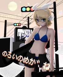 Rule 34 | bad id, bad pixiv id, bikini, bikini top only, blonde hair, blue bikini, blue eyes, flying paper, glasses, grin, head wings, kagamine rin, m1 bazooka, moon, noroi no megane (vocaloid), open fly, paper, rocket launcher, short hair, shorts, siraha, smile, solo, swimsuit, television, traffic light, unzipped, vocaloid, weapon, wings