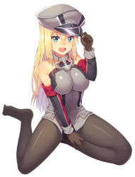 Rule 34 | 10s, 1girl, :d, bare shoulders, bismarck (kancolle), black pantyhose, blonde hair, blue eyes, breasts, brown gloves, detached sleeves, gloves, hair between eyes, hat, kantai collection, kibanda gohan, large breasts, long hair, military, military uniform, open mouth, pantyhose, peaked cap, simple background, smile, solo, uniform, white background