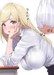Rule 34 | 2girls, bag, bikini, black skirt, blonde hair, breasts, collared shirt, commentary request, desk, earrings, jewelry, kaisen chuui, large breasts, long hair, long sleeves, multiple girls, nail polish, necktie, open mouth, original, pink nails, plastic bag, red neckwear, school desk, school uniform, shirt, simple background, sitting, skirt, solo focus, stud earrings, swimsuit, translation request, white bikini, white shirt, wing collar, yellow eyes