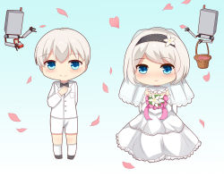 Rule 34 | 1boy, 1girl, arlene (ju), basket, black footwear, black hairband, blue background, blue eyes, blush, bouquet, bridal veil, chibi, closed mouth, commentary request, detached sleeves, dress, flower, flower basket, gradient background, hair between eyes, hair flower, hair ornament, hairband, hand on own chest, heart, holding, holding bouquet, jacket, jewelry, kneehighs, long sleeves, looking at viewer, mole, mole under mouth, nier:automata, nier (series), ornate ring, petals, pocket, pod (nier:automata), ring, ring box, shirt, short shorts, shorts, silver hair, smile, socks, standing, strapless, strapless dress, veil, wedding dress, wedding ring, white background, white dress, white flower, white jacket, white shirt, white shorts, white socks, 2b (nier:automata), 9s (nier:automata)