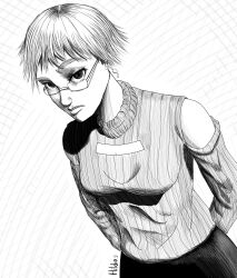 Rule 34 | 1girl, asper kanojo, black hair, black pants, blonde hair, brown eyes, closed mouth, collared shirt, glasses, greyscale, highres, long hair, looking at viewer, monochrome, multicolored hair, pants, saitou megumi, serious, shirt, simple background, two-tone hair, white background, yellow shirt