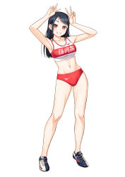 Rule 34 | 1girl, armpits, arms up, bikini, black hair, blush, breasts, collarbone, contrapposto, double v, grin, highres, kuri (kurigohan), long hair, looking at viewer, mizuno (brand), navel, original, parted bangs, red bikini, red eyes, shoes, sidelocks, simple background, smile, sneakers, solo, sports bikini, sports bra, standing, swimsuit, track and field, track uniform, v