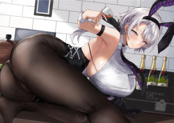 Rule 34 | 1girl, alcohol, animal ears, armpits, azur lane, bare shoulders, blush, breasts, cameltoe, cup, drinking glass, grey hair, gyudan (t1k 7), hairband, highres, huge breasts, looking at viewer, pantyhose, purple eyes, reno (azur lane), reno (reno bunnino) (azur lane), short hair, sideboob, sleeveless, smile, solo, wine, wine glass