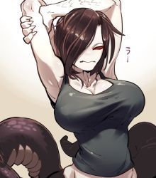 Rule 34 | 1girl, armpits, black shirt, breasts, brown hair, claws, closed mouth, commentary request, fate/grand order, fate (series), hair over one eye, half-closed eyes, lamia, lamia (fate), large breasts, monster girl, no pupils, red eyes, scales, shirt, short hair, sido (slipknot), simple background, sleeveless, sleeveless shirt, solo, stretching, tail
