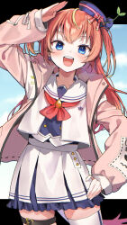 Rule 34 | 1girl, arm up, belt, beret, blonde hair, blue hat, blue shirt, copyright request, hat, highres, jacket, long sleeves, multicolored hair, open clothes, open jacket, orange hair, pink jacket, pleated skirt, puffy long sleeves, puffy sleeves, sailor collar, salute, shirt, skindentation, skirt, sleeves past wrists, solo, streaked hair, thigh belt, thigh strap, thighhighs, tilted headwear, tomozero, two side up, virtual youtuber, white jacket, white sailor collar, white skirt, white thighhighs