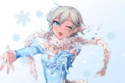 Rule 34 | 10s, 1girl, ;d, anastasia (idolmaster), blue gloves, detached sleeves, gloves, gradient background, hair ornament, idolmaster, idolmaster cinderella girls, jewelry, looking at viewer, necklace, one eye closed, open mouth, ring, scarf, short hair, silver hair, single glove, smile, snowflakes, solo, tsurusaki yuu, upper body