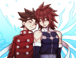 Rule 34 | 00s, 2boys, age difference, bare shoulders, belt, brown hair, closed eyes, father and son, folks (nabokof), happy, kratos aurion, lloyd irving, long hair, multiple boys, red hair, short hair, simple background, smile, tales of (series), tales of symphonia, wings
