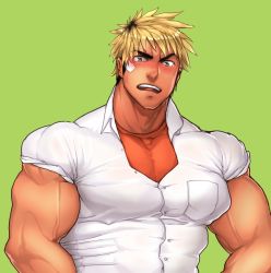 Rule 34 | 1boy, bad id, bad pixiv id, bara, black hair, blonde hair, blush, close-up, collared shirt, ear piercing, frown, highres, kuromine hiraya, large pectorals, looking at viewer, male focus, manly, muscular, muscular male, open mouth, original, pectorals, piercing, shirt, solo, spiked hair, sweat, sweatdrop, t-shirt, tight clothes, upper body, veins, veiny arms, yellow eyes