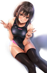 Rule 34 | 1girl, absurdres, black hair, black one-piece swimsuit, black thighhighs, breasts, brown eyes, competition swimsuit, double v, feet out of frame, highres, medium breasts, one-piece swimsuit, original, parted lips, shadow, simple background, smile, solo, striped clothes, striped one-piece swimsuit, swimsuit, tan, tanline, thighhighs, two-tone one-piece swimsuit, v, white background, yukemuriganmo