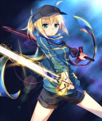 Rule 34 | 1girl, ahoge, artoria pendragon (fate), baseball cap, blonde hair, blue scarf, dual wielding, excalibur (fate/stay night), fate/grand order, fate (series), green eyes, hat, holding, jacket, looking at viewer, mysterious heroine x (fate), ponytail, rojiura satsuki : chapter heroine sanctuary, scarf, shorts, solo, sword, track jacket, tsuezu, weapon