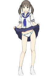 Rule 34 | 1girl, blouse, blue neckerchief, blue sailor collar, blue skirt, bow, bow panties, brown eyes, brown hair, closed mouth, clothes lift, commentary request, crotch seam, full body, lifted by self, looking at viewer, maburu (lojyq1eur3e8bit), miniskirt, neckerchief, no shoes, original, panties, pleated skirt, sailor collar, school uniform, serafuku, shirt, short sleeves, simple background, skirt, skirt lift, smile, socks, solo, standing, tachi-e, twintails, underwear, white background, white panties, white shirt, white socks