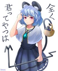Rule 34 | 1girl, absurdres, alternate hair color, animal ear fluff, animal ears, artist name, basket, black shirt, black skirt, blue hair, capelet, commentary request, cowboy shot, dowsing rod, expressionless, grey capelet, hand in own hair, highres, holding rod, jewelry, light blue hair, looking at viewer, mouse (animal), mouse ears, mouse tail, nazrin, pendant, pleated skirt, red eyes, shirt, short hair, simple background, skirt, solo, standing, tail, torinosukei, touhou, translation request, white background