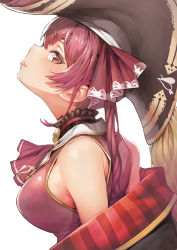 Rule 34 | 1girl, ascot, back, bare shoulders, bicorne, black choker, black coat, blush, breasts, choker, coat, embroidery, frilled choker, frills, gold trim, hair ribbon, hat, highres, hololive, houshou marine, jacket, kousaku, large breasts, long hair, looking at viewer, off shoulder, pirate, profile, red ascot, red eyes, red hair, red jacket, red ribbon, ribbon, sleeveless, smile, solo, twintails, upper body, virtual youtuber