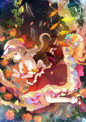Rule 34 | 1girl, blonde hair, dress, flandre scarlet, flower, full body, glass shards, hat, hat flower, hat ribbon, kazu (muchuukai), long hair, mob cap, plant, puffy short sleeves, puffy sleeves, red dress, red eyes, ribbon, rose, sash, shards, shirt, short sleeves, side ponytail, solo, touhou, vines, wings, wrist cuffs, yellow rose