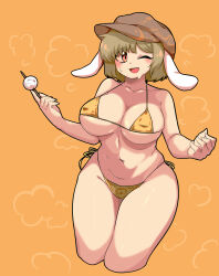 Rule 34 | 1girl, absurdres, animal ears, areola slip, bikini, blush, breasts, brown eyes, brown hat, cabbie hat, commentary request, covered erect nipples, cowboy shot, dango, floppy ears, food, hat, highres, kurodani yamame, large breasts, light brown hair, looking at viewer, navel, one-hour drawing challenge, one eye closed, open mouth, orange background, rabbit ears, rabbit girl, ringo (touhou), rinyamame, short hair, smile, solo, sweat, swimsuit, touhou, wagashi, yellow bikini