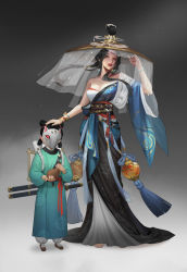 Rule 34 | 2girls, absurdres, bare shoulders, barefoot, black hair, bracelet, breasts, character request, child, chinese clothes, chinese commentary, commentary request, copyright request, doll joints, dress, facial mark, forehead mark, fox mask, full body, grey background, hand on another&#039;s head, hat, highres, jewelry, jing zhou, joints, large breasts, long hair, long sleeves, looking at viewer, mask, multiple girls, ponytail, rice hat, sheath, sheathed, sword, topknot, veil, weapon, weapon on back, wide sleeves