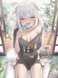 Rule 34 | 1girl, animal ears, barefoot, black shirt, breasts, corn cob, food, fox ears, fox girl, fox tail, grey hair, highres, holding, holding food, holding popsicle, hololive, long hair, looking at viewer, medium breasts, official alternate costume, open mouth, popsicle, rimamo, shirakami fubuki, shirakami fubuki (loungewear), shirt, smile, solo, tail, very long hair, virtual youtuber